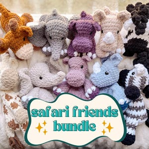 May include: A collection of handmade crochet safari animal toys, including a giraffe, elephant, rhino, hippo, and zebra. The toys are in various colors such as brown, gray, purple, and blue. The image includes the text "Safari Friends Bundle".