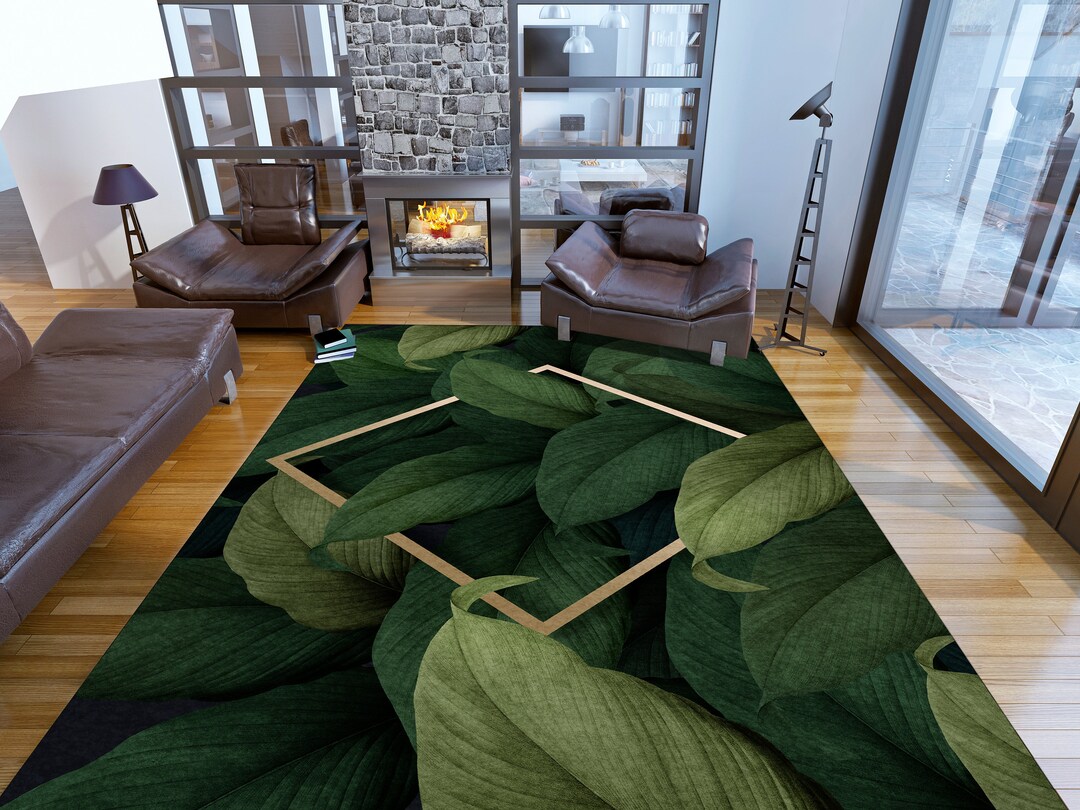 FLORAL AREA RUG, 5X9 Palm Leaf Floor Mat, Green Leaf Rug, Green Vibrant