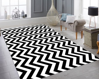 Tapis noir et blanc à motif zigzag, tapis de maison Mpdern, design classique à chevrons, tapis personnalisé, tapis cool personnalisé, tapis déco moderne