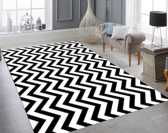 Tapis noir et blanc à motif zigzag, tapis de maison Mpdern, design classique à chevrons, tapis personnalisé, tapis cool personnalisé, tapis déco moderne