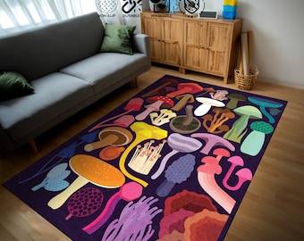 Alfombra colorida con forma de hongo: decoración bohemia, alfombra hippie