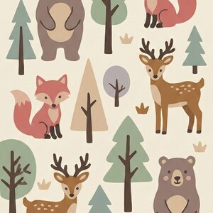 May include: A whimsical illustration featuring woodland animals and trees. The image includes two foxes, two bears, and two deer, along with various trees in shades of green, brown, and tan. The background is a light beige color.