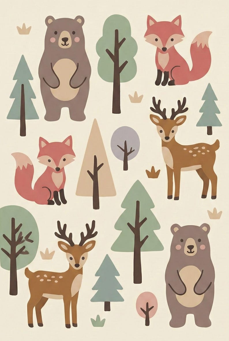 May include: A whimsical illustration featuring woodland animals and trees. The image includes two foxes, two bears, and two deer, along with various trees in shades of green, brown, and tan. The background is a light beige color.