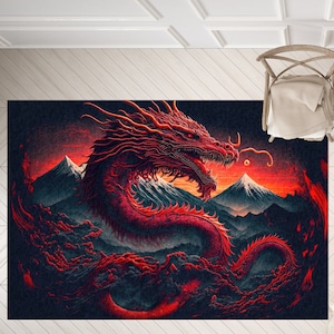 ALFOMBRA DE DRAGÓN CHINO, Alfombra de área moderna de diseño japonés rojo, Decoración de dragón chino, Alfombra de dormitorio asiática, Sala de estar tibetana Alfombra antideslizante fresca