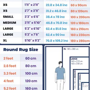 May include: A size chart for yoga mats and round rugs. The chart shows the dimensions in inches, centimeters, and feet. The chart also includes a visual representation of the size of each mat and rug.