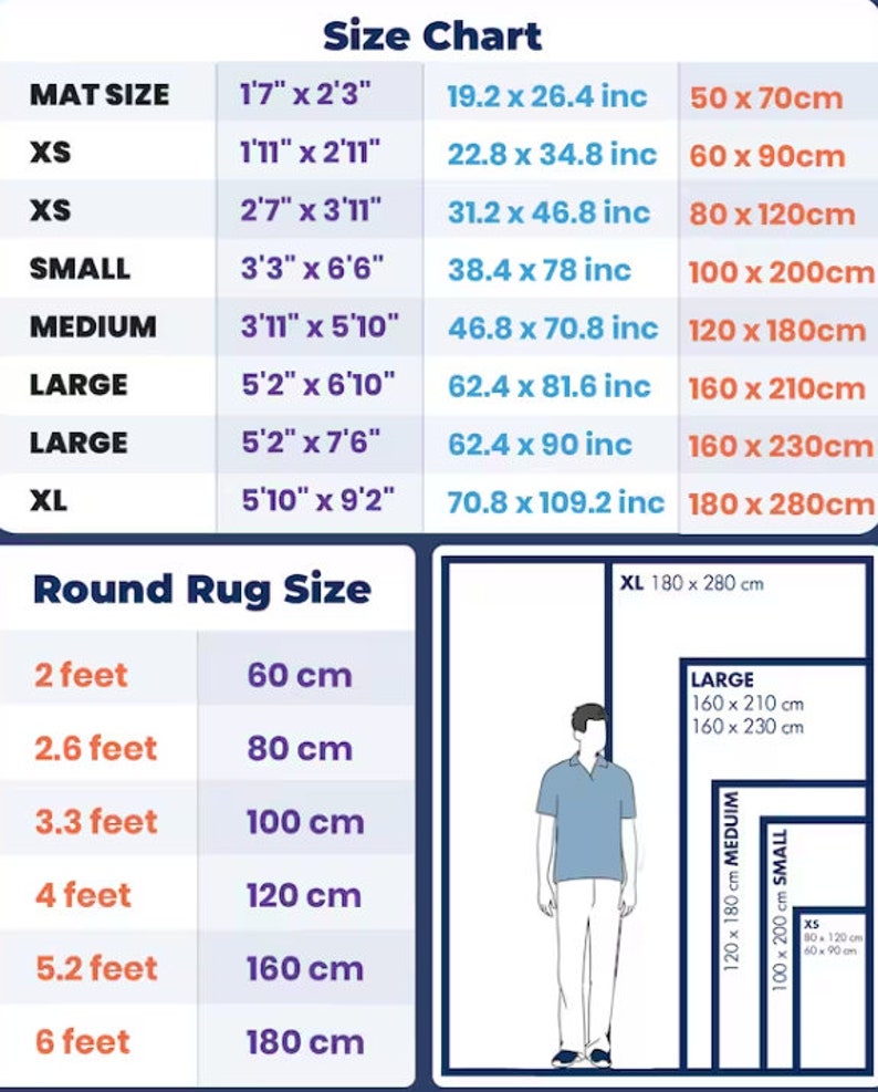 May include: A size chart for yoga mats and round rugs. The chart shows the dimensions in inches, centimeters, and feet. The chart also includes a visual representation of the size of each mat and rug.