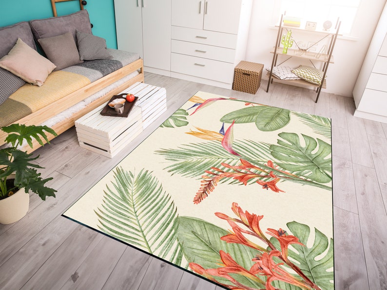 FLORAL AREA RUG, 5X9 Palm Leaf Floor Mat, Green Leaf Rug, Green Vibrant