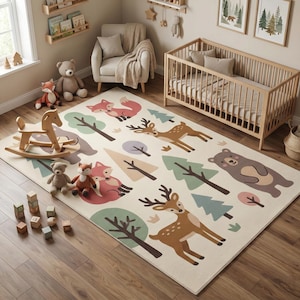 May include: A cream-colored nursery rug with a woodland animal design, including deer, foxes, and a bear. The rug features green trees and a light blue and purple color palette. A wooden crib, rocking horse, and stuffed animals are also in the room.