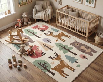 Woodland Rug: Animals Themed Nursery Rug, Kids Room Decor, Custom Playroom Mat