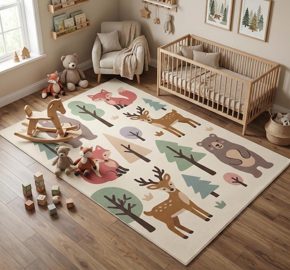 Woodland Rug: Animals Themed Nursery Rug, Kids Room Decor, Custom Playroom Mat