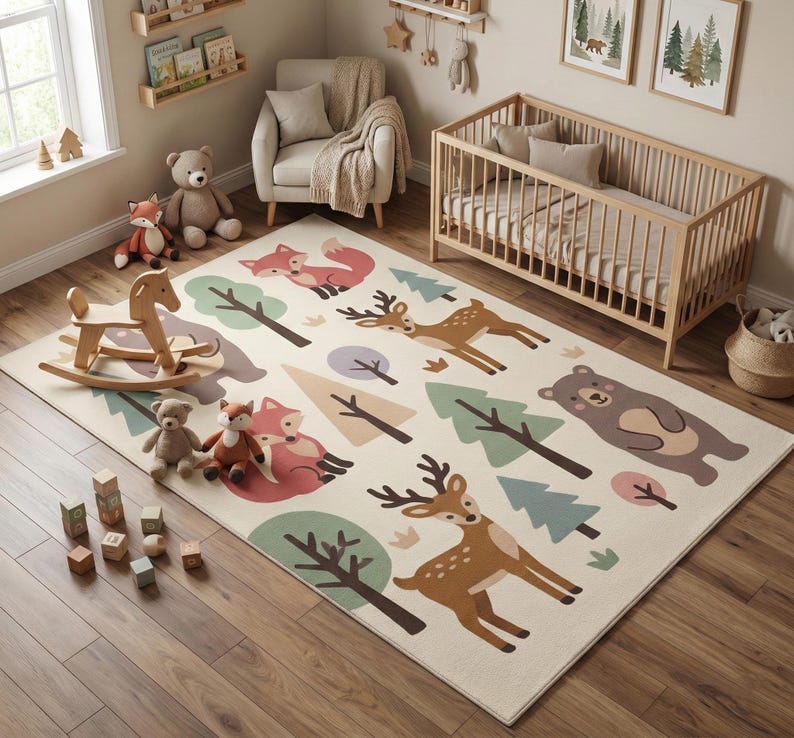 May include: A cream-colored nursery rug with a woodland animal design, including deer, foxes, and a bear. The rug features green trees and a light blue and purple color palette. A wooden crib, rocking horse, and stuffed animals are also in the room.