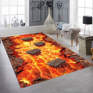 May include: A rectangular area rug with a 3D design of a lava flow with stepping stones. The rug is brown, orange, and yellow. The rug is on a gray tiled floor.