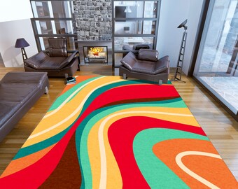 May include: Abstract area rug with a wavy pattern in shades of red, orange, yellow, green, and brown.