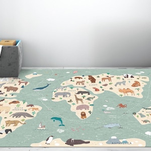 Alfombra infantil con mapa del mundo de safari: Alfombra de felpa educativa para sala de juegos