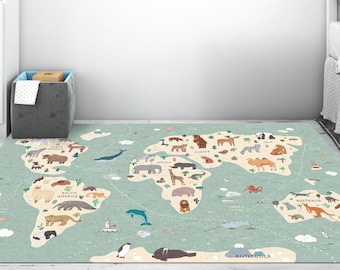 Safari World Map Kids Rug: Plush Educational Playroom Mat