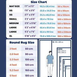 May include: A size chart for rugs and mats, with measurements in inches and centimeters. The chart includes sizes from XS to XL for rectangular mats and sizes from 2 to 6 feet for round rugs. A diagram shows rug size relative to a person.