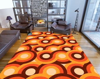 Retro Area Rug, Groovy 70s Brown Circles, Living Room Decor