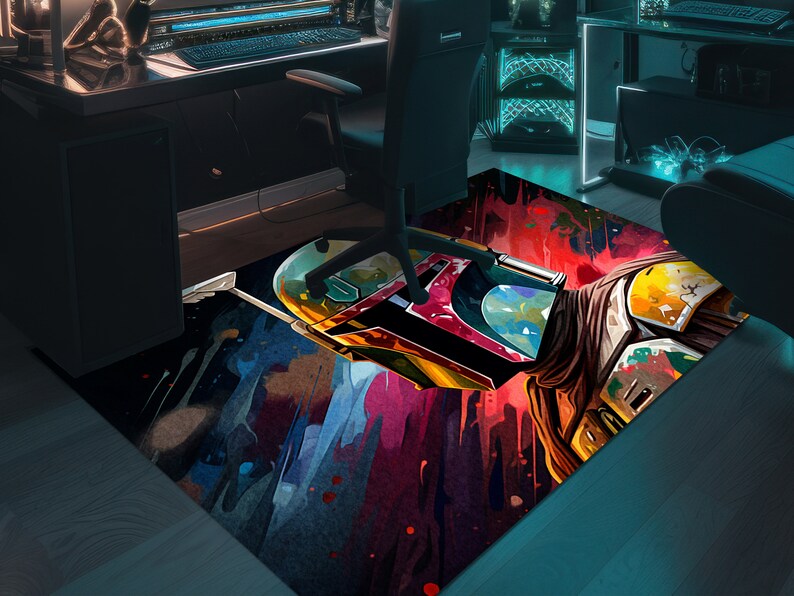 May include: A colorful, abstract rug featuring a stylized image of Boba Fett's helmet. The rug has splashes of blue, red, yellow, and green paint.