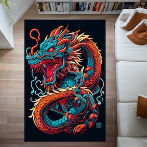 ALFOMBRA DE DRAGÓN JAPONÉS, Alfombra de área moderna de diseño japonés, Alfombra de dragón chino Alfombra de dormitorio asiática, Regalo de sala de estar tibetana Alfombra antideslizante fresca
