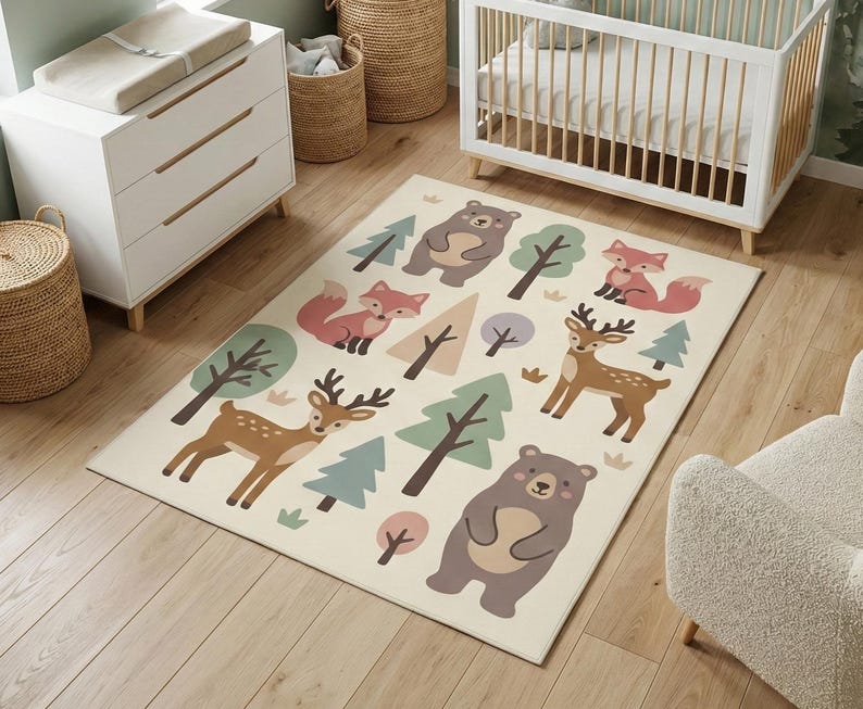 May include: A rectangular area rug with a cream background featuring cartoon illustrations of woodland animals and trees in shades of brown, green, and pink. The rug is placed on a light wood floor, suitable for a nursery or playroom.