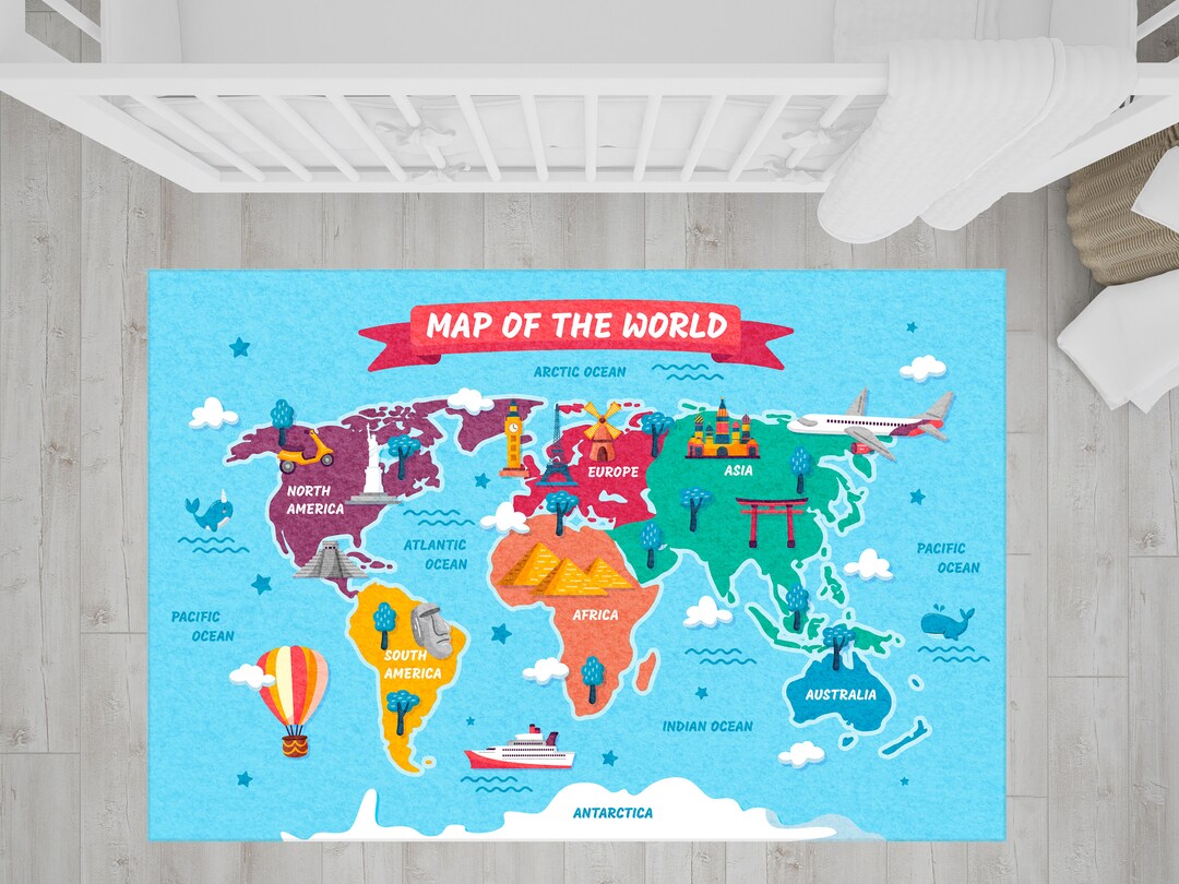 Kids World Map Rug, Kids Room Map Rug, Educational Play Rug, Play Rug