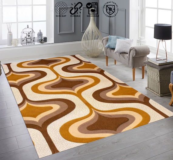 Retro 70s Style Rug: Easy Clean, Non-Slip Modern Art