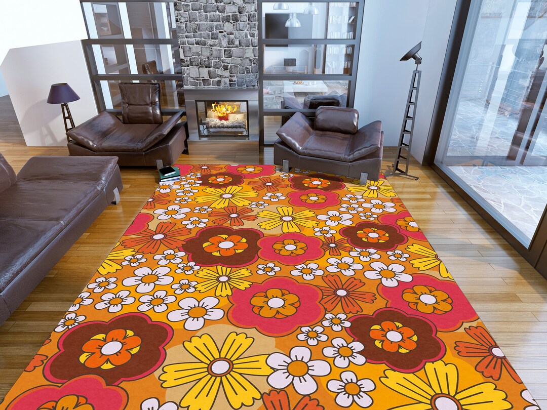 Retro Floral Rug: 70s Style Colorful Decor, Washable - Etsy