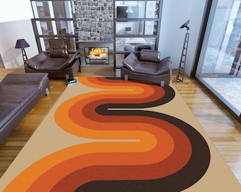 May include: A retro-style rug with a wavy pattern in shades of brown, orange, and beige. The rug is laid out on a wooden floor in a living room setting.