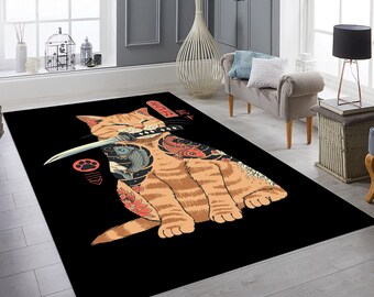 Katana Cat Rug: Japanese Anime Kids Room Area Rug