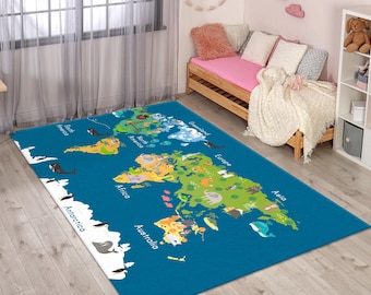 Animals World Map Kids Rug: Educational Nursery Play Rug