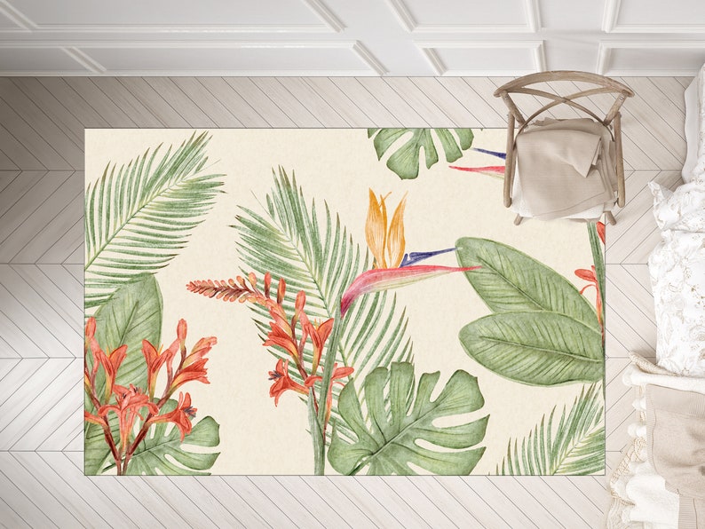 FLORAL AREA RUG, 5X9 Palm Leaf Floor Mat, Green Leaf Rug, Green Vibrant