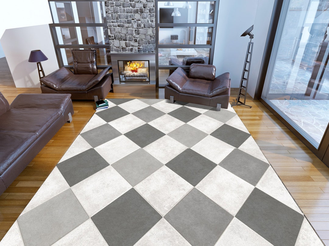 Checker Tile Rug Checkered Rug: Black and White Marble Tile Design, Checkboard Mat - Etsy