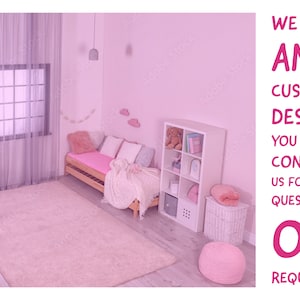 May include: A pink and white bedroom with a white bed, a white bookshelf, a pink rug, and a pink ottoman. The text on the wall reads "WE CAN ANY CUSTOM DESIGN YOU WISH. CONTACT US FOR ANY QUESTIONS OR REQUESTS".
