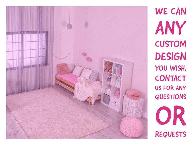 May include: A pink and white bedroom with a white bed, a white bookshelf, a pink rug, and a pink ottoman. The text on the wall reads "WE CAN ANY CUSTOM DESIGN YOU WISH. CONTACT US FOR ANY QUESTIONS OR REQUESTS".
