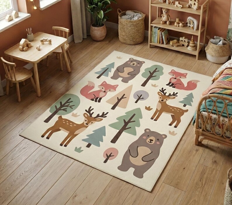 May include: A rectangular area rug with a cream background features cartoon illustrations of woodland animals and trees. The rug includes images of bears, foxes, deer, and various trees in shades of brown, green, and pink.