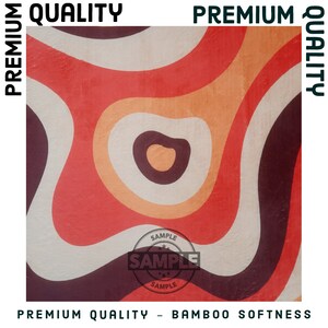 May include: Abstract pattern with swirling lines in shades of red, orange, white, and brown. The pattern is centered on a white background with the text "PREMIUM QUALITY - BAMBOO SOFTNESS" at the bottom. A circular stamp with the word "SAMPLE" is in the lower right corner.