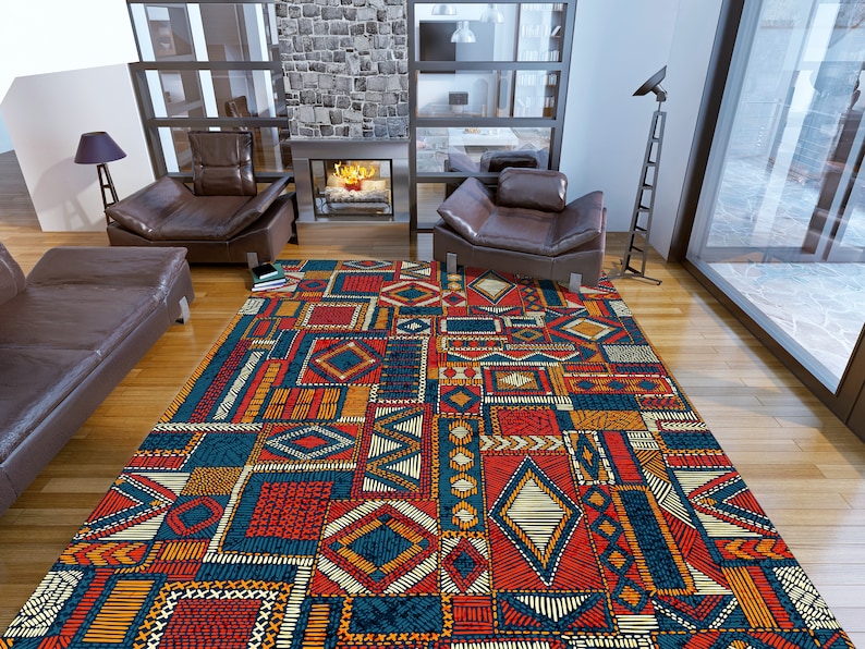 May include: A colorful area rug with a geometric pattern in shades of blue, red, yellow, and white. The rug is made of a woven material and has a modern design.