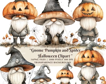 Wunderlicher Gnom Kürbis und Spinne Halloween Clipart Set, Aquarell Clipart für Herbst, Sofortiger Download, niedliche digitale Kunst für DIY Basteln