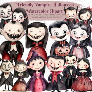Freundlicher Vampir Halloween Aquarell Clipart Set | Niedliche gruselige Kunst für Halloween-Projekte | Sofortiger Download Digitale Halloween-Grafik