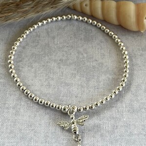 Sterling silver beaded stacking bracelet bee focal charm 18cm wrist circumference