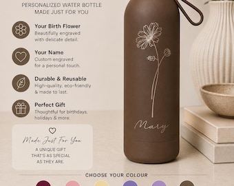 Personalized Birth Flower Name Engraved Water Bottle | Stainless Steel Tumbler