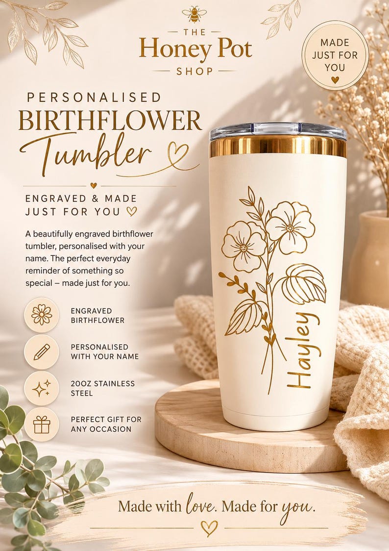 May include: A cream-colored 20oz stainless steel tumbler with a gold-toned rim and a clear lid. The tumbler features a gold-colored engraved floral design and the name Hayley. Text on the image includes The Honey Pot Shop, Personalised Birthflower Tumbler, and Made with love. Made for you.
