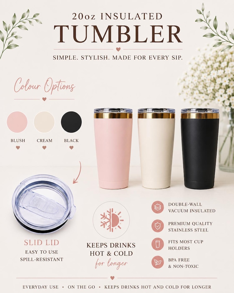 May include: Three 20oz insulated tumblers in blush, cream, and black with gold-tone rims. Includes a clear spill-resistant sliding lid. Text reads: 20oz INSULATED TUMBLER, SIMPLE. STYLISH. MADE FOR EVERY SIP., COLOUR OPTIONS, BLUSH, CREAM, BLACK, SLID LID, KEEPS DRINKS HOT & COLD for longer, DOUBLE-WALL VACUUM INSULATED, PREMIUM QUALITY STAINLESS STEEL, FITS MOST CUP HOLDERS, BPA FREE & NON-TOXIC, EVERYDAY USE &bull; ON THE GO &bull; KEEPS DRINKS HOT AND COLD FOR LONGER.