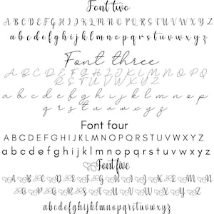 May include: A black and white digital display showing six distinct alphabet font styles labeled Font one through Font six. Each section presents uppercase and lowercase letters in various calligraphic, script, and sans-serif typefaces.