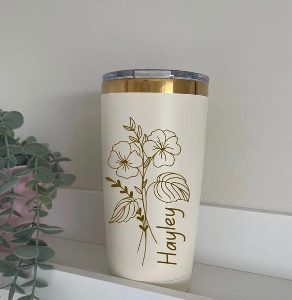 Gold Plated Personalised Travel Mugs, Custom Laser Engraved Birth Flower 20oz Coffee Tumbler, Stainless Steel,   Teacher  Gifts, Insulated,