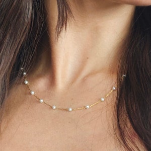 Gold Pearl Bead Chain Necklace, Freshwater Pearl Necklace, Pearl Beaded Necklace, Delicate Necklace, Bead Chain, Gift For Her Christmas gift