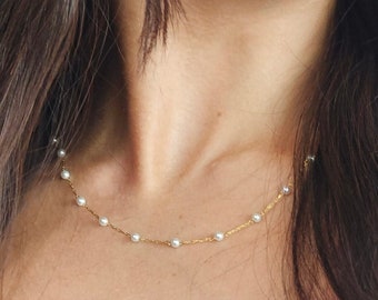 Gold Pearl Bead Chain Necklace, Freshwater Pearl Necklace, Pearl Beaded Necklace, Delicate Necklace, Bead Chain, Gift For Her Christmas gift