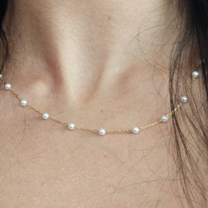 Collar de cadena de perlas doradas, cadena torcida, cadena Figaro, cadena delicada, cadena de cuentas, cadena de eslabones cubanos, cadena de eslabones pequeños, regalo de Navidad
