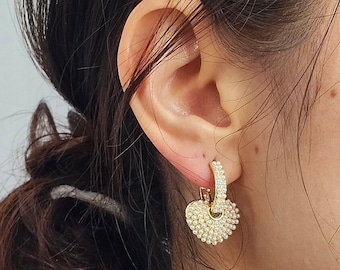 18K Gold Filled Heart Pearl  hoop earrings, gold earrings, heart earrings dangle, pearl earrings hoop, gift for her, minimalist earring
