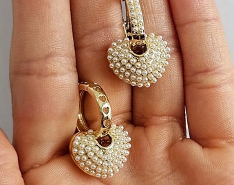 18K Gold Filled Heart Pearl  hoop earrings, gold earrings, heart earrings dangle, pearl earrings hoop, gift for her, minimalist earring
